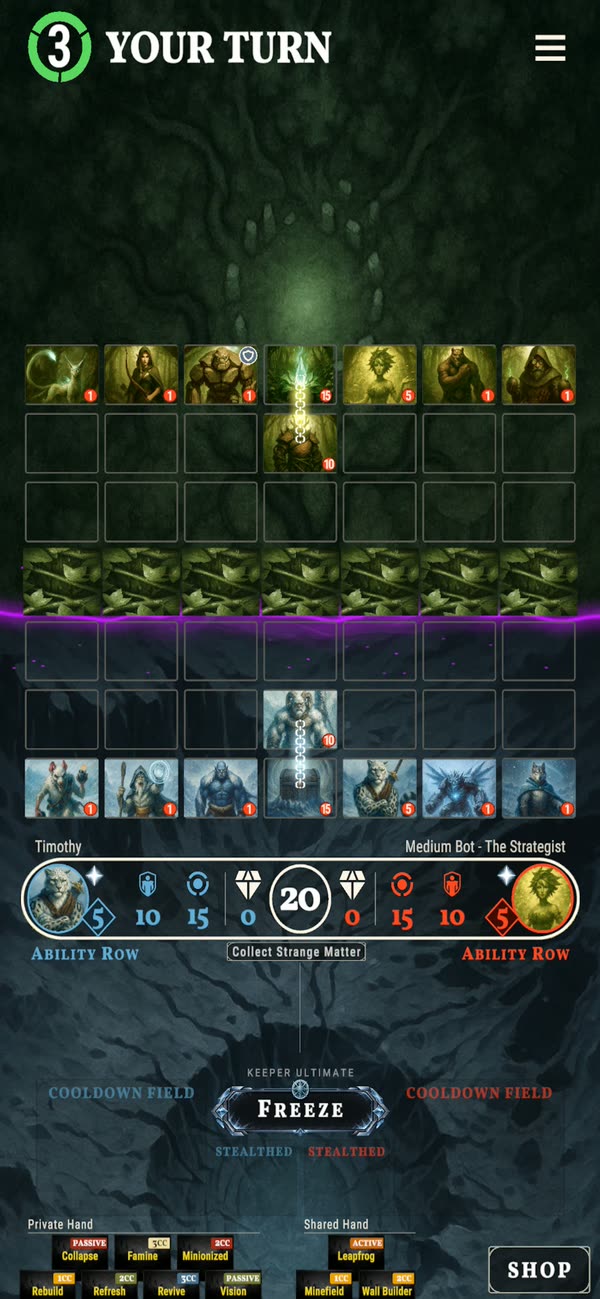 Keepers' Dissension gameplay: Forest versus Snow on the 7×7 battlefield